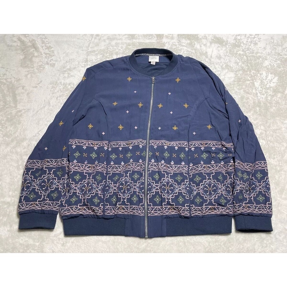 Knox Rose Jacket Coat Womens XL Blue Geometric Embroidered Long Sleeve Full Zip